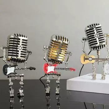 Ретро Микрофон Робот Ночной Светильник Подвижные Соединения Винтаж Держащая Гитара Металл Рок MIC красный
