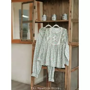 Ретро Милая Цветочная Пижама Женская Ранняя Осень Тонкий Длинный Рукав Длинные Брюки Комплект Домашней Одежды M