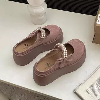 Ретро милый бант жемчужный толстый низ увеличивающий тапочки Мэри Джейн женские весенние новые нескользящие кекс мешок головка швабры 35