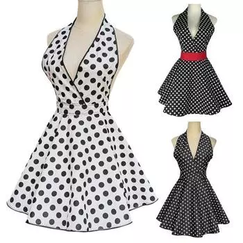 Ретро милый фартук для женщин с V-образным вырезом в горошек сексуальный регулируемый хлопковый кухонный фартук с завязками для домашнего использования на работе чёрный