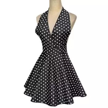 Ретро милый фартук для женщин с V-образным вырезом в горошек сексуальный регулируемый хлопковый кухонный фартук чёрный