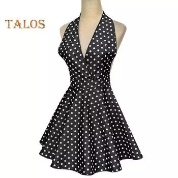 Ретро милый фартук для женщин с V-образным вырезом в горошек сексуальный регулируемый хлопковый кухонный фартук с завязками для домашнего использования на работе белый