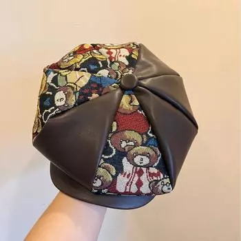 Ретро милый медведь жаккардовая шляпа с утиным язычком и звездчатым анисом осень и зима уличная универсальная шляпа художника тренд M56-58cm чёрный