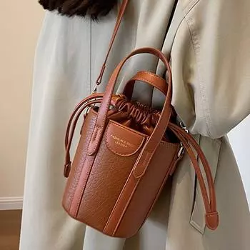 Ретро мини-сумки для женщин, новые фактурные сумки из искусственной кожи для женщин, модная сумка-ведро на одно плечо с завязками и буквами Mini(Max Length<20cm)