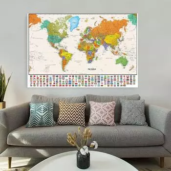 Ретро-мировая физическая карта для образования и культуры. Нетканая аэрозольная окраска. Домашнее украшение. Школьные принадлежности. 59*42cm