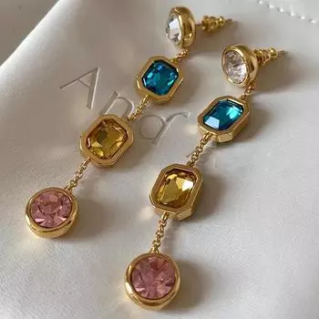 Ретро многоцветные длинные геометрические серьги-капли с кристаллами для женщин, модные элегантные ювелирные изделия, подарки золотой