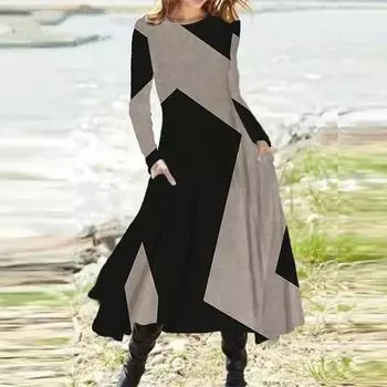Ретро мода контрастного цвета элегантные вечерние женские платья весна осень повседневные уличные длинные рукава свободные карманы миди платье женщины S серый