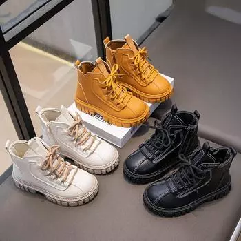 Ретро мода мальчики Мартин сапоги британский стиль красивые детские кожаные сапоги 26 inner length 16.5cm слоновая кость