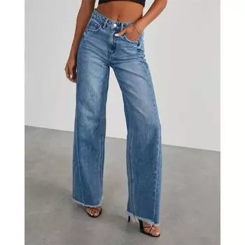 Ретро мода прямые широкие джинсы женские модные с высокой талией и карманами на пуговицах джинсовые брюки женские винтажные повседневные кисточки для поездок на работу M синий