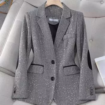 Ретро мода сплайс пайетки блейзеры осень длинный рукав пуговицы отложной воротник деловой пиджак женский элегантный винтажный костюм пиджак S серый