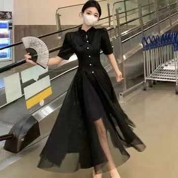 Ретро мода в китайском стиле марлевое платье Cheongsam с коротким рукавом M белый