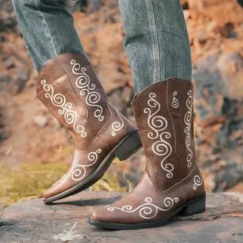 Ретро мода вышивка вестерн сапоги для мужчин остроносые кожаные ковбойские сапоги большой размер 46 высокие сапоги мужские Botas Hombre 38