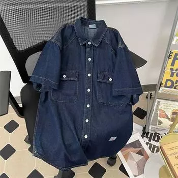 Ретро-модная брендовая летняя свободная джинсовая рубашка с короткими рукавами, художественная молодежная рабочая рубашка, мужская и женская многослойная куртка M темно-синий