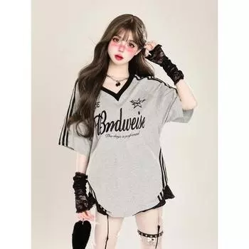 Ретро модная контрастная дышащая спортивная футболка с V-образным вырезом и короткими рукавами свободного кроя для женского летнего повседневного верха XS