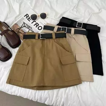 Ретро-модная тонкая мини-юбка с высокой талией, женская однотонная короткая юбка с двойным карманом, женские трапециевидные юбки с запахом на бедрах, женские с поясом 24274 S чёрный