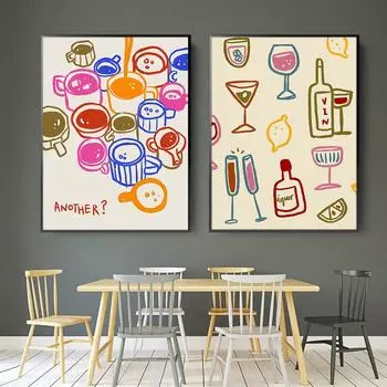 Ретро Модные Красочные Винный Коктейль Другой Кофе Принт Плакаты Настенное Искусство Абстрактные Картины Холст Картины Кухня Домашний Декор 21x30cm No Framed