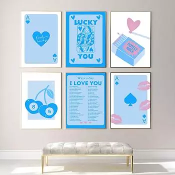 Ретро модный эстетический Lucky You Blue забавный настенный художественный холст, картина, плакаты на скандинавскую тему, принты, настенные панно для декора гостиной 21x30cm No Framed