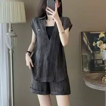 Ретро модный женский комплект, летний свободный комплект из двух предметов с короткими рукавами, футболка и широкие шорты, комплект из двух предметов для женщин S