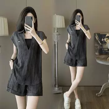 Ретро модный женский комплект, летний свободный комплект из двух предметов с короткими рукавами, футболка и широкие шорты, комплект из двух предметов для женщин S