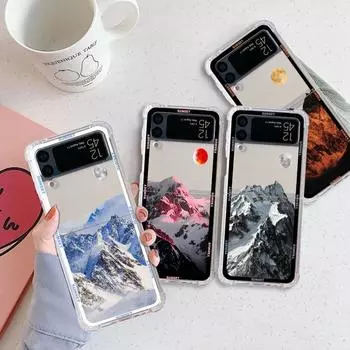 Retro Moon Aesthetic Snow Mountain Luxury Case For Samsung Galaxy Z Flip 3 4 5G Funda Z Flip3 Clear PC Hard Back Phone Coque Samsung Z Flip4 5G