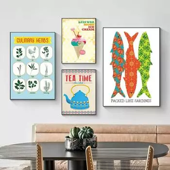 Ретро Мороженое Холст Картина Современная кухня Декор комнаты Плакаты и принты Время чая Рыбы Еда Настенные картины для детей 21x30cm No Framed
