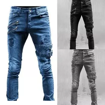 Ретро мото байкерские прямые эластичные джинсы мужские уличная одежда на молнии в стиле панк узкие джинсовые брюки-карго Pantalones Hombre Y2K одежда S чёрный