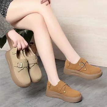 Ретро Мягкая Кожа Круглый Носок Глубокий Молот Слипоны Лоферы Толстая Подошва Универсальная Обувь Туфли Носок 35 коричневый