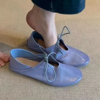Ретро мягкая кожа плоская подошва ступенька каблук две носки маленькие кожаные туфли женские ранняя весна новые шнуровка полые круглый носок одинарные туфли 35 синий