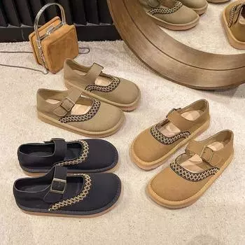 Ретро мягкая замшевая кожа туфли Мэри Джейн осень женские вышитые балетки на плоской подошве женские круглые носки пряжка ремешок неглубокие повседневные мокасины 35 чёрный