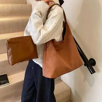 Ретро мягкая замшевая сумка-ведро для женщин, новый стиль, осень и зима, популярная, вместительная, сумка-мешок через плечо, сумка-тоут