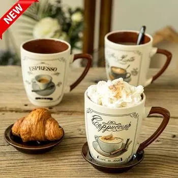 Retro Mug with Spoon Cute Ceramic Cup Daily Household Large-capacity Insulated Breakfast Cereal Milk Oatmeal Cup 355ml