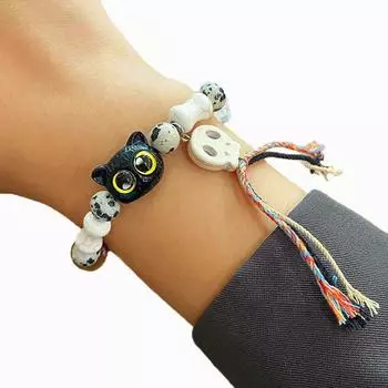 Ретро мультяшный кот эластичная веревка бисерный браслет простой череп плетеная кисточка унисекс браслет ювелирные изделия подарок