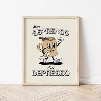 Ретро мультяшный персонаж кофе холст картина принт забавный кухонный постер больше эспрессо меньше депрессо цитата настенная художественная картина декор (с рамкой) 15*20cm(with frame)