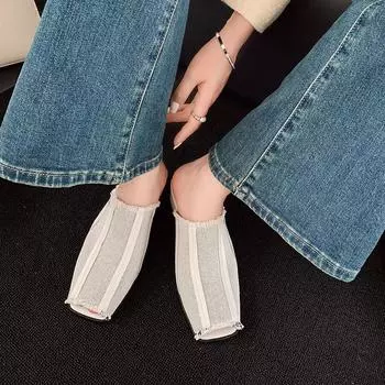 Ретро-мюли из натуральной кожи на среднем каблуке, женские модные повседневные парусиновые тапочки с открытым носком, женская обувь для отдыха, весна-лето 2025, новинка 34 чёрный