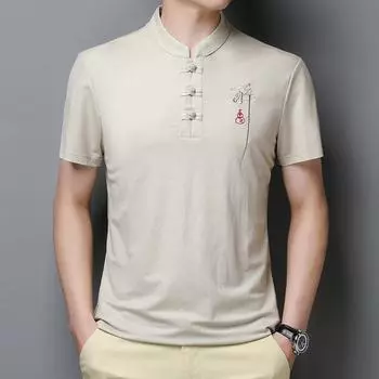 Ретро мужская летняя молодежная вышитая пуговица с диском и воротником-стойкой, пуловер с короткими рукавами, футболка
