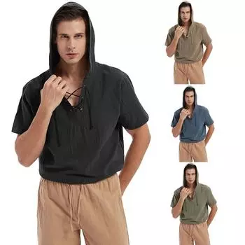 Ретро Мужская свободная рубашка из полиэстера с капюшоном Футболки с V-образным вырезом Пляжные топы Блузка Футболка S чёрный