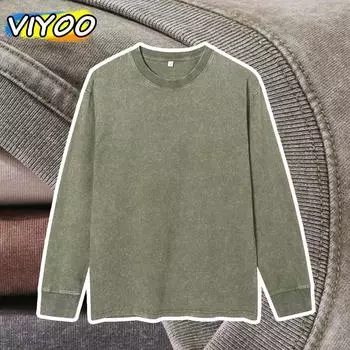 Ретро Мужская Женская Осенняя Одежда Большие Размеры Винтаж Хлопок Длинные Рукава Футболки Топы Блузки Майки Уличная Мода Одежда