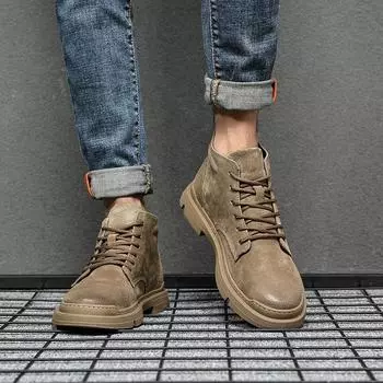 Ретро Мужские ботинки из натуральной кожи Весна Осень Мужская зимняя повседневная обувь Плоские туфли с высоким верхом в стиле вестерн Ботильоны Модные для ходьбы Вождение 38 бежевый