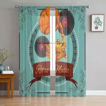Ретро музыкальный постер с виниловым граммофоном, шифоновые прозрачные шторы для гостиной, спальни, оконная занавеска, вуаль, тюль Cortinas 135W x 114H(cm)