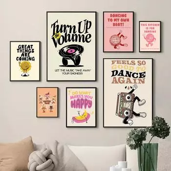 Ретро музыкальный танцевальный проигрыватель плакат и принт цветок счастливая цитата настенная живопись на холсте картина для гостиной домашний декор 21x30cm No Framed светло-зеленый