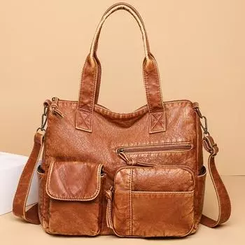 Ретро мытая кожаная сумка Модная женская большая сумка большой емкости с несколькими карманами 32*27*13cm