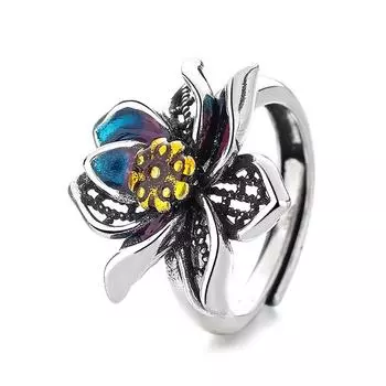 Ретро национальный пейзаж тайская синяя эмаль кольцо с лотосом женское индивидуальное простое тайское серебряное модное кольцо