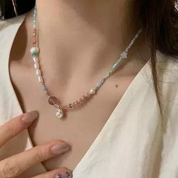 Ретро-национальный стиль, цветной натуральный камень, жемчужное ожерелье с бусинами, женская элегантность, легкая роскошь, высокое чувство, универсальная цепочка на шею, цепочка на ключицу