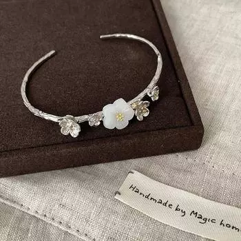 Ретро-национальный стиль, цветущая слива, белый нефритовый бутон, металлический браслет, женский, легкий, роскошный, элегантный, изысканный, модный, универсальный браслет, ювелирные изделия