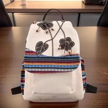 Ретро Национальный Ветер Большой Вместимости Рюкзак Женский Ручной Работы Хлопок Льняная Сумка Для Отдыха Простая Сумка Студента Колледжа бежевый