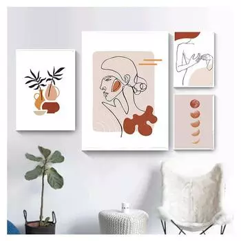Ретро настенная живопись на холсте, плакаты на скандинавскую тему и принты, настенные панно для декора гостиной, линия, девушка, растение, луна, цитата, абстрактное 21cm30cm NoFrame