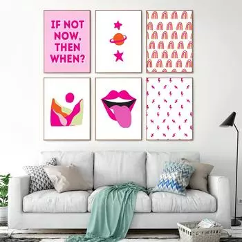 Ретро Настенное Искусство Модные Губы Художественный Принт Скандинавский Розовый Стиль Звезда Солнце Гора Холст Картины Девушки Общежития Настенные Декоративные Картины 21cm30cm NoFrame