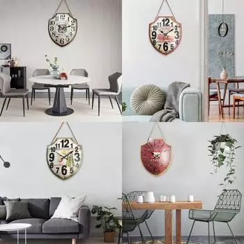 Ретро настенные часы в виде щита, деревянные художественные часы, ретро настенные украшения, принадлежности для украшения школы, офиса, спальни