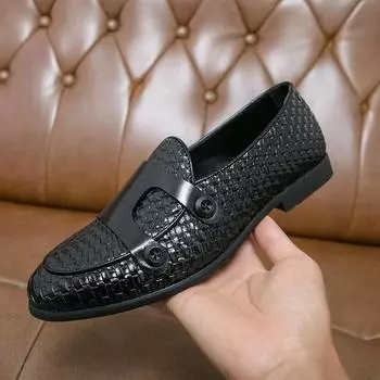 Retro New Men Knit Pattern Patent Leather Casual Monk Strap Shoes Luxury Designer Male Formal Wedding Dress Homecoming Footwear 38