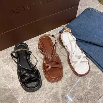 Retro New Summer Women s Sandals Thin Cross Straps Roman Shoes Casual Thick Low Heel Sandales Femmes Solid Open Toe Sandalias 35 коричневый